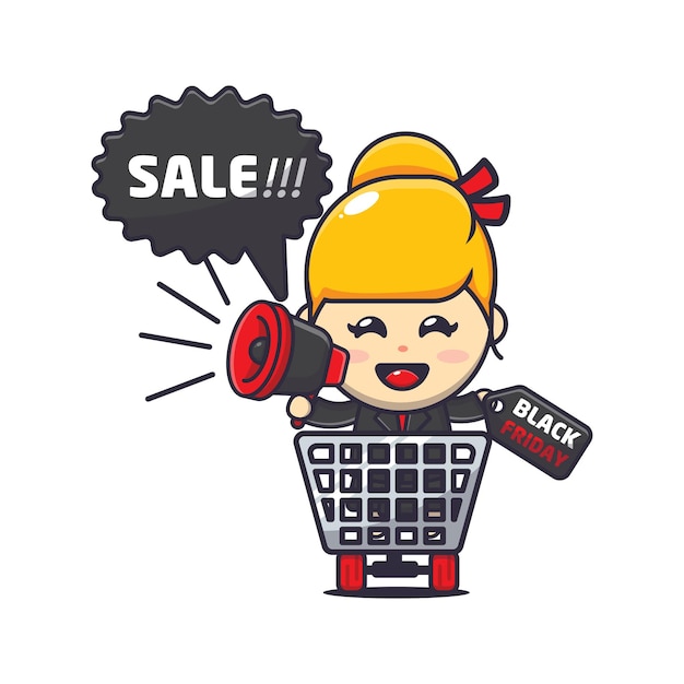 Cute business woman in black friday sale cartoon mascot illustration