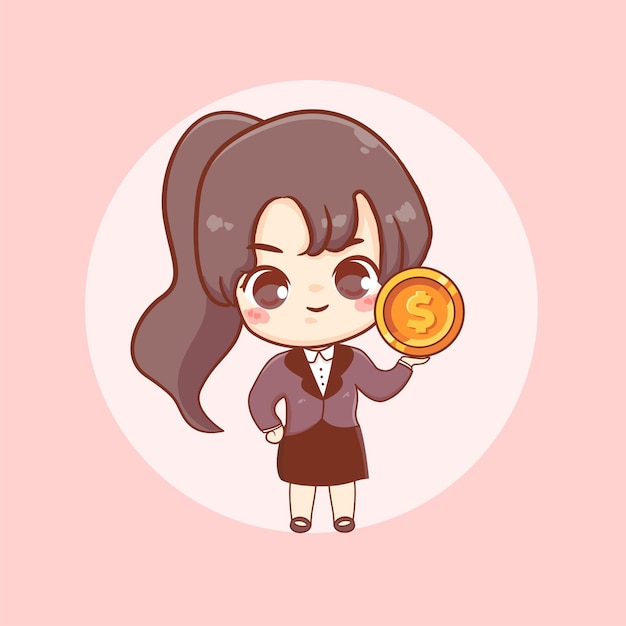 Vector cute business woman holding money coin currency cartoon illustration