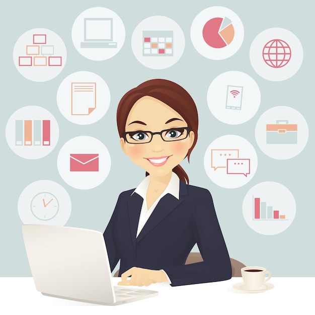 Vector cute business woman in office with laptop