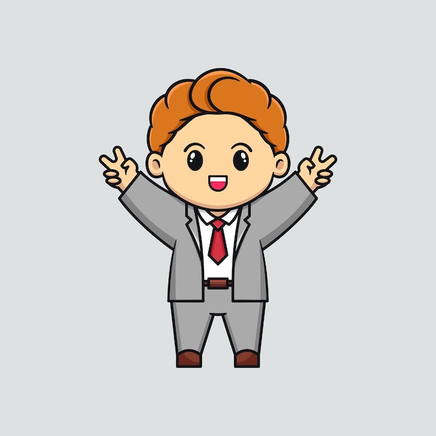 Cute businessman with peace hand pose cartoon vector character