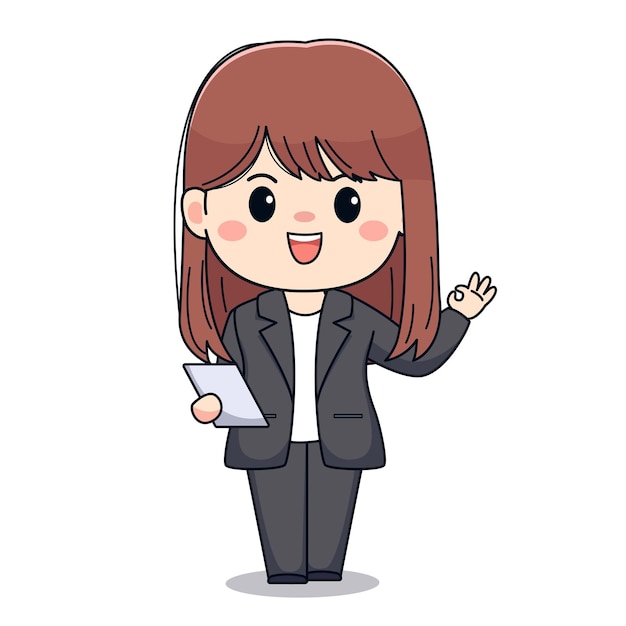 Cute Businesswoman with formal suit and ok sign Kawaii chibi Character design
