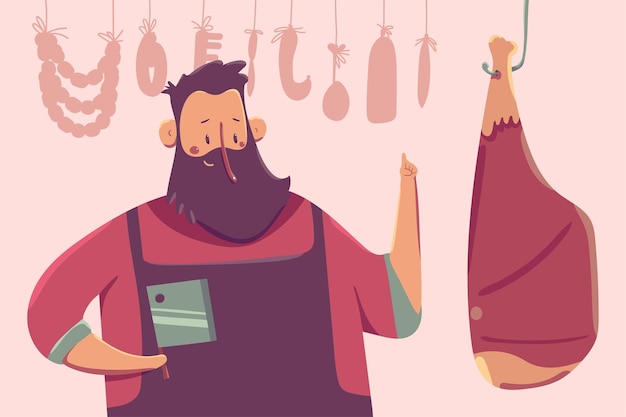 Cute butcher with meat  cartoon character isolated on background.