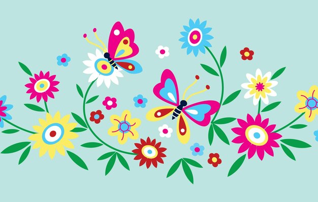 Cute butterflies with colorful flowers vector