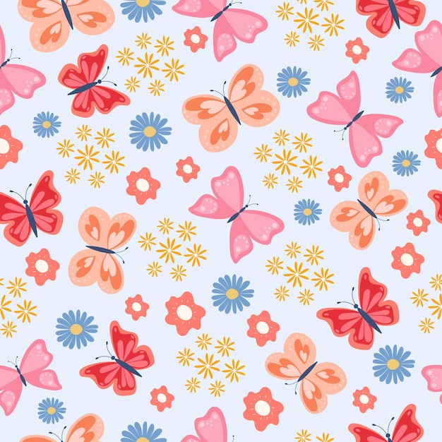 Cute butterflies with flowers Seamless spring and summer pattern