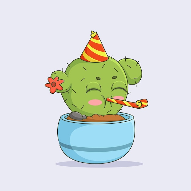 Vector cute cactus blowing a trumpet illustration