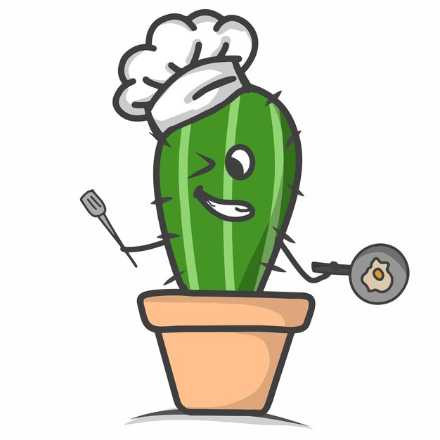 Illustrazione del modello vettoriale di disegno del carattere dello chef di cactus carino