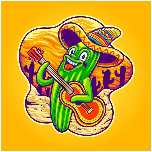 Милый кактус синко де майо мексиканская гитара логотип мультфильм иллюстрации