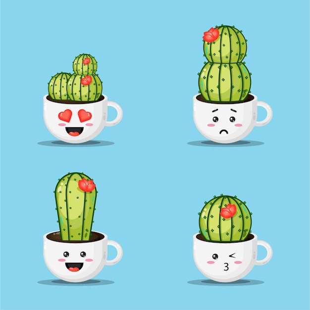 Vector cute cactus in a coffee cup pot