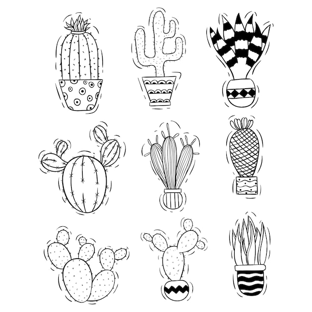 Collezione di cactus carino con stile doodle o schizzo