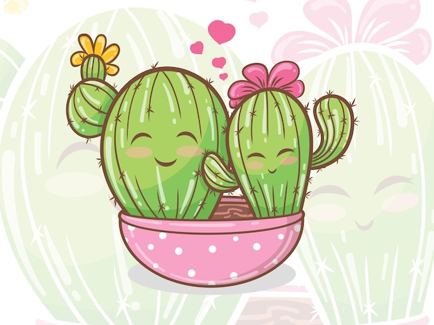 Vector cute cactus couple cartoon character illustration
