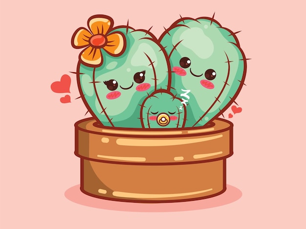 Simpatico personaggio dei cartoni animati e illustrazione della famiglia di cactus.