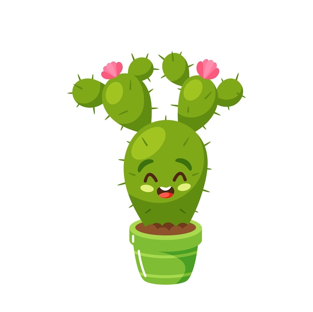 Cute Cactus In Flowerpot Kawaii Succulent Character With Flowers And Spikes Isolated Mexican Floral Personage