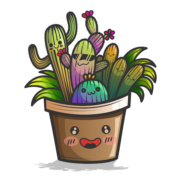 Cute cactus plant with happy face  illustration.