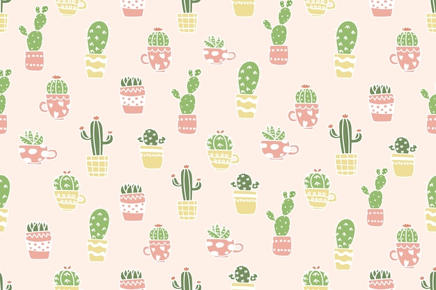 Cute cactus in pot pattern background.