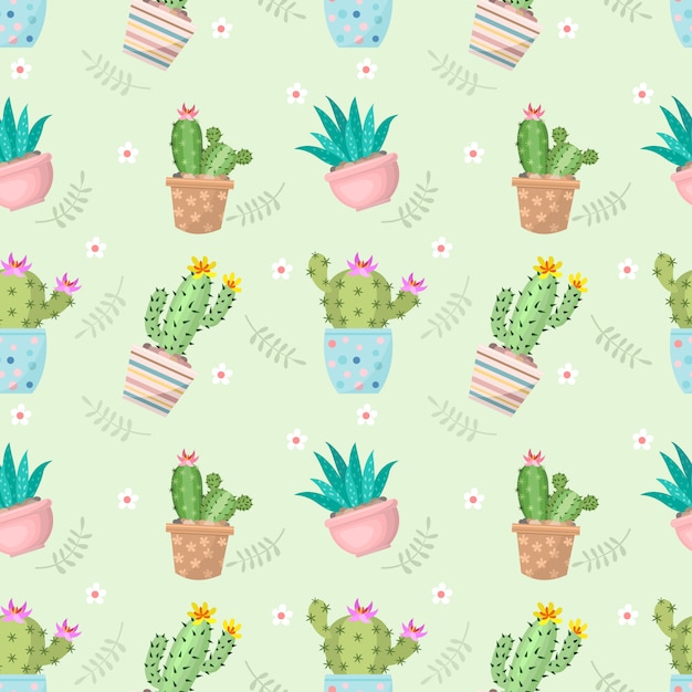 Vector cute cactus in pot seamless pattern.