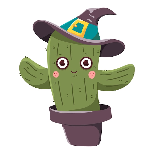 Cute cactus in pot in witch hat celebrating halloween vector cartoon character isolated on a white background