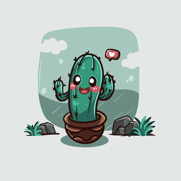 Vector cute cactus in pot with cartoon style