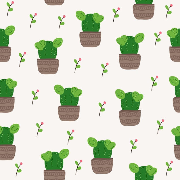 Cute cactus seamless pattern in doodles hand drawn cartoon style Modern green cacti and desert plant