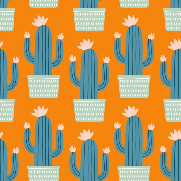 Cute cactus seamless pattern Mexican cactus in pot Desert spiny plant mexico cacti flower