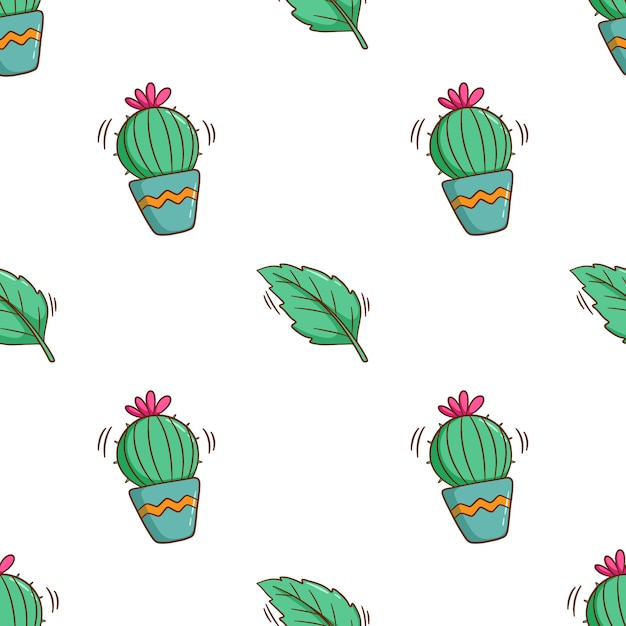 Cute cactus in seamless pattern with colored doodle style