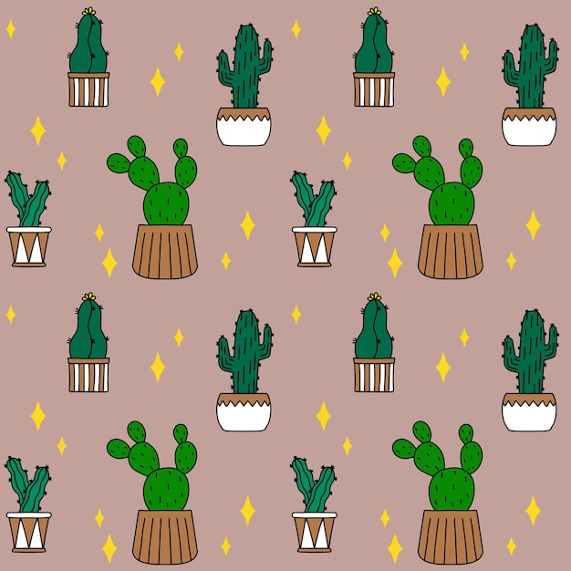 Cute cactus seamless pattern with plant pot Vector illustration