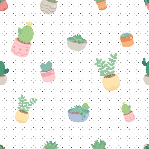 Cute cactus and succulent on dot seamless pattern