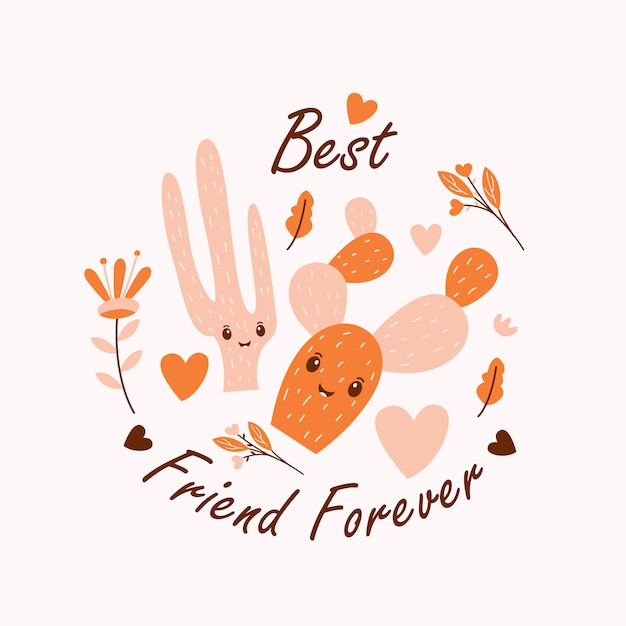 Cactus carino vettoriale illustrazione con best friend forever quote