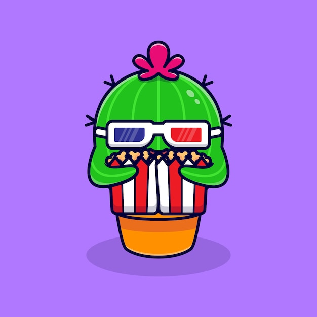 Vector cute cactus watch movie and eating popcorn. flat cartoon