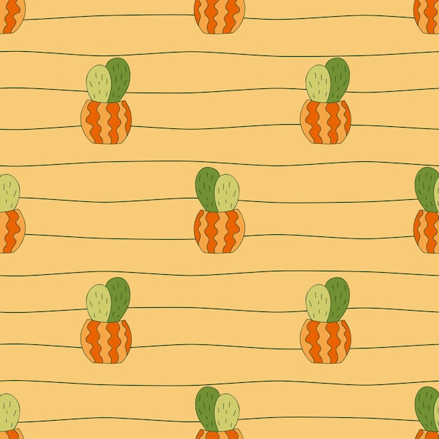 Vector cute cactuses in ceramic pots seamless pattern thin wavy lines background cozy doodle