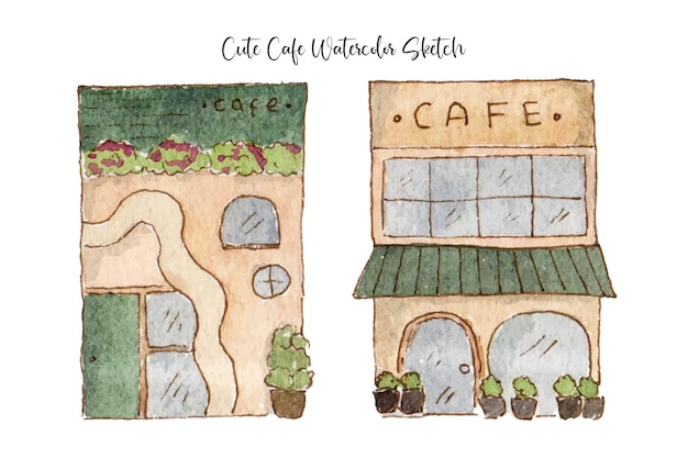 Vector cute cafe sketch watercolor collection