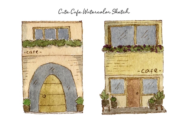 Vector cute cafe sketch watercolor collection