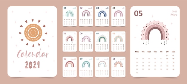 Calendario carino 2021 con arcobaleno boho.