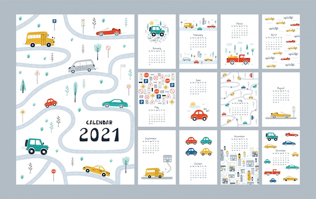 Cute calendar 2021 with cars, city, road map. childish planner template