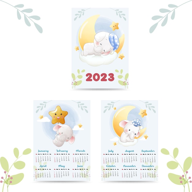 cute calendar 2023 with elephant calf