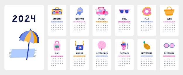 Cute calendar template for 2024 year with tropical summer illustrations Calendar grid with weeks starts on Monday for kids nursery or corporate design Vertical monthly calender layout for planning