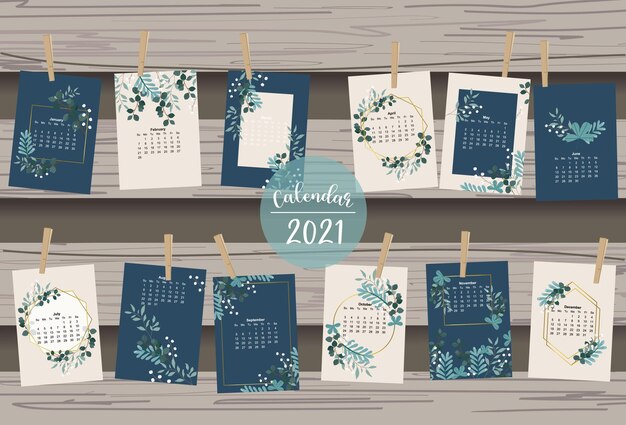 Vector cute calendar with leaf, flower, natural.