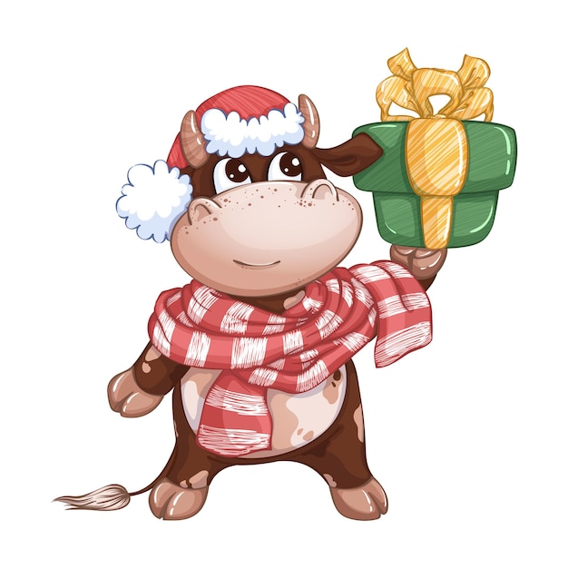 A cute calf in a red hat and a striped scarf is holding a gift box. Festive winter character. Symbol of the year.