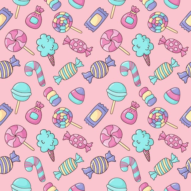 Vector cute candy seamless pattern sweets desserts isolated on pink background