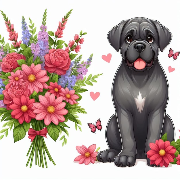 Vettore cute cane corso dog and flowers vector illustrazione di cartoni animati