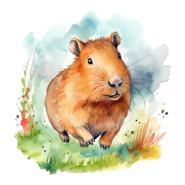 Cute capybara cartoon running in watercolor painting style