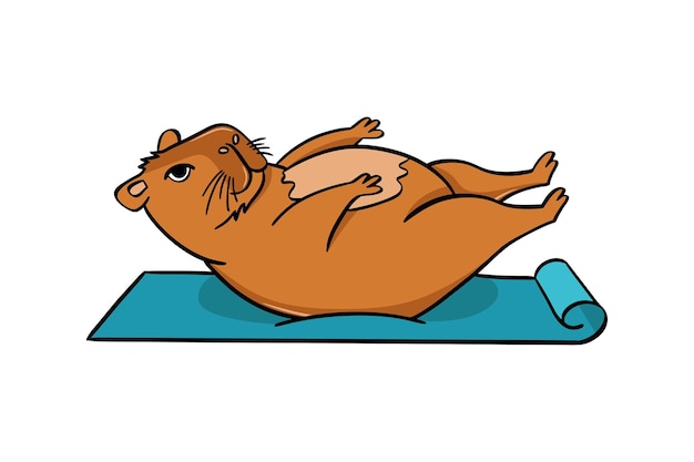 Un carino capybara fa yoga su un tappetino in stile piatto