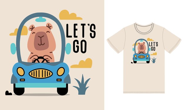 cute capybara driving car illustration with tshirt design premium vector