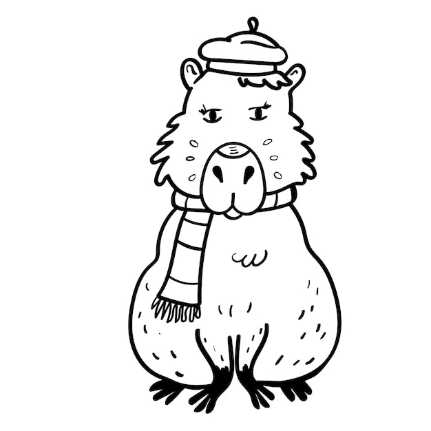 Vettore un carino capybara con un berretto e una sciarpa francesi.