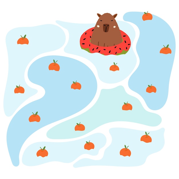 Cute capybara in the pool in flat style vector illustration for a postcard children's clothing