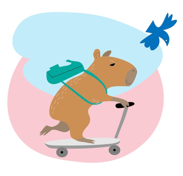 Vector cute capybara rides a scooter with a backpack