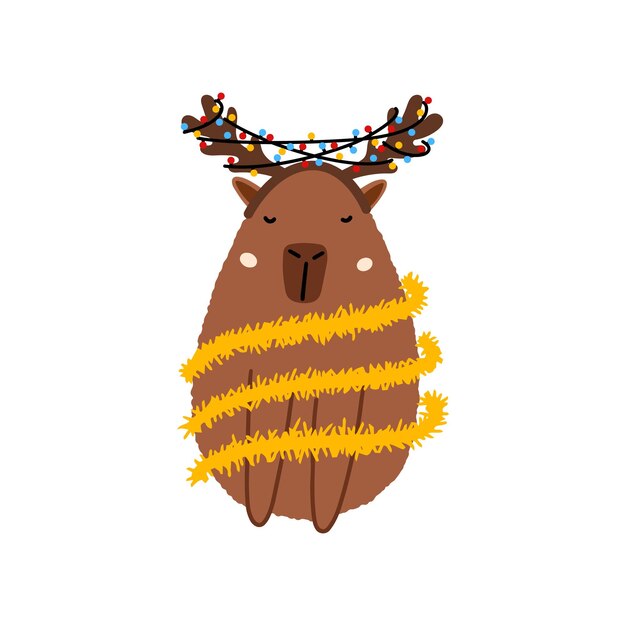 Vector cute capybara santa reindeer in flat style vector illustration for merry christmas and new year