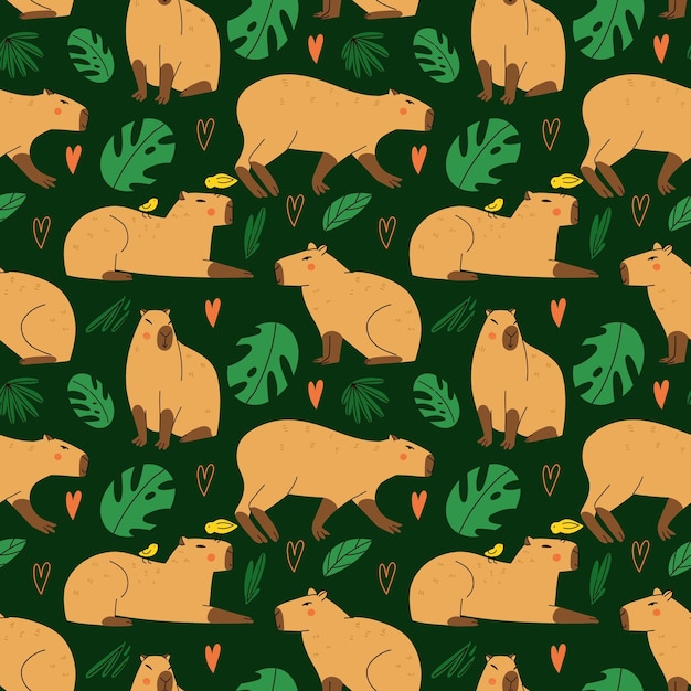 キャピバラ (Capitara) は南アメリカで生息するエキゾチックな動物南アメリカに生息する哺乳類熱帯の葉の背景織物包装紙壁紙のデザイン織物用印刷カートゥーンベクトル