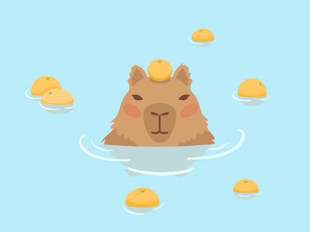 Vettore simpatico disegno vettoriale capybara capibara nella sorgente termale giapponese onsen capibara che galleggia nell'acqua