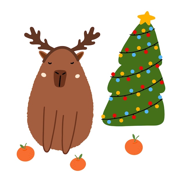 Vector cute capybara with christmas tree in flat style vector illustration for merry christmas and new year