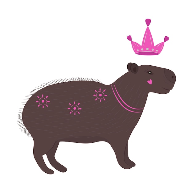 Vector cute capybara with crown, illustration in brown and pink colors